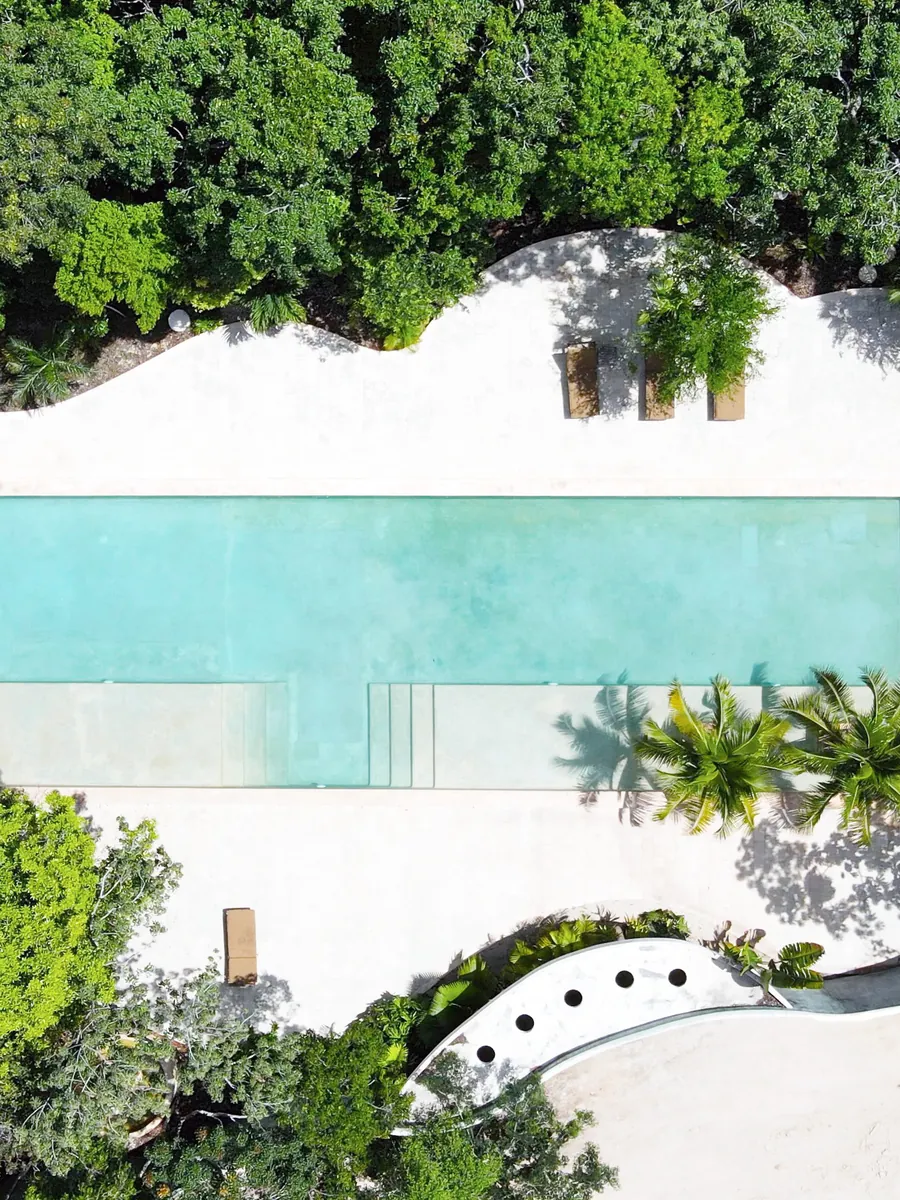Holistika’s jungle pool from above, ringed by trees